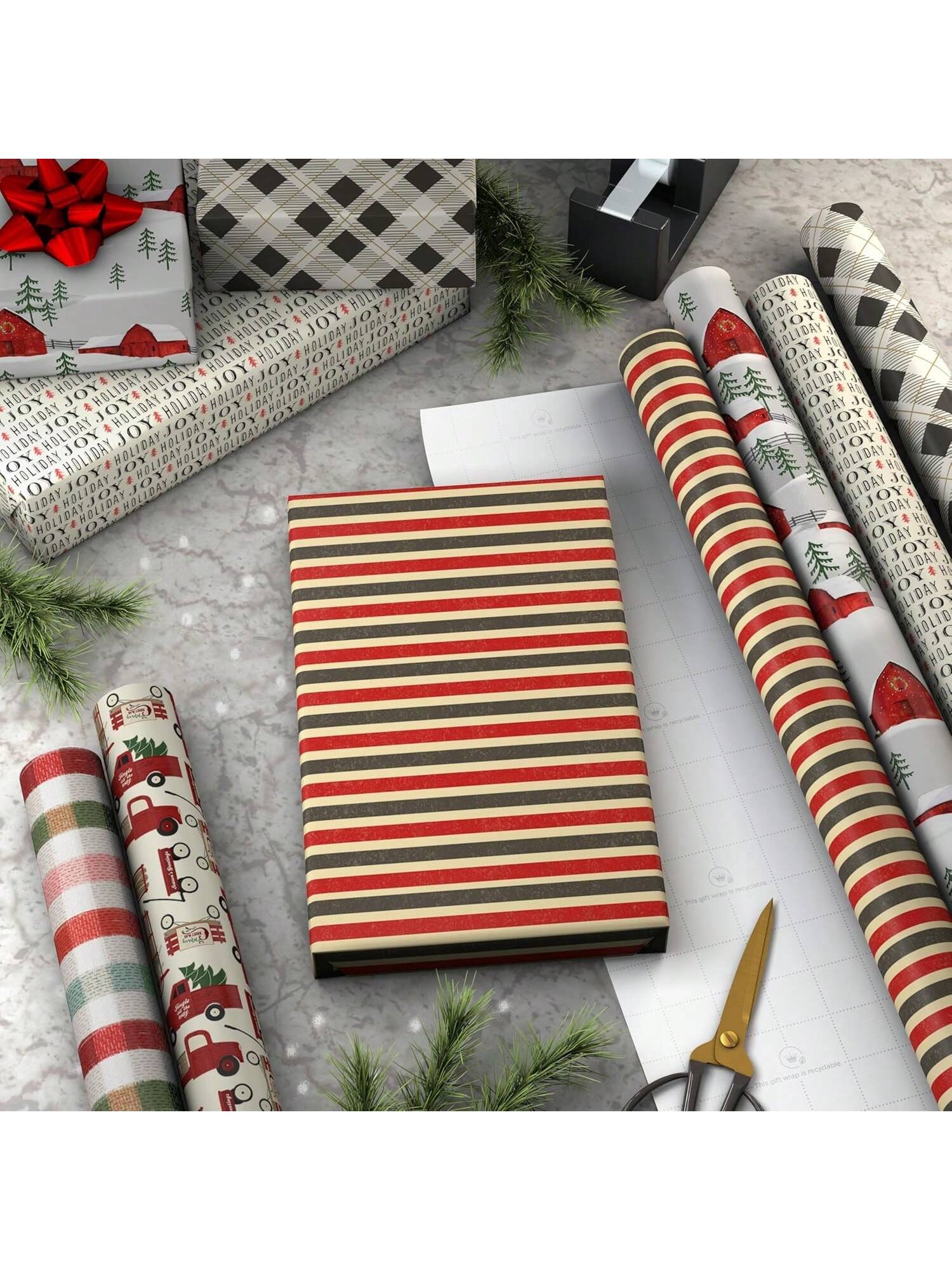 6pc Rustic Christmas Wrapping Paper Rolls 180 Sq Ft Red Black Gray Designs