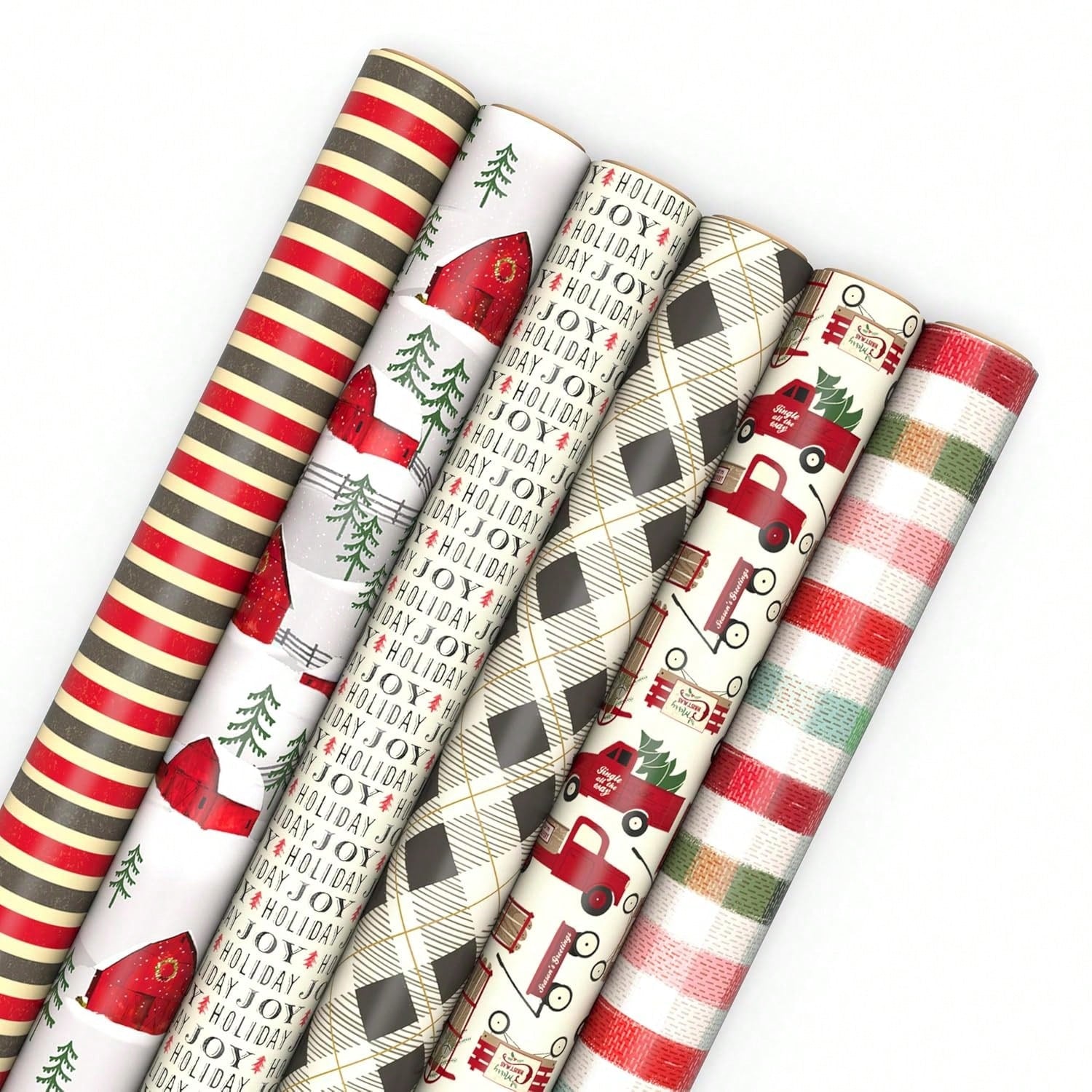 6pc Rustic Christmas Wrapping Paper Rolls 180 Sq Ft Red Black Gray Designs