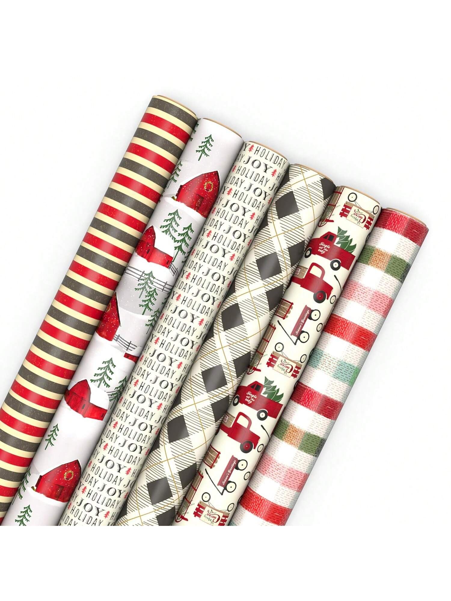 6pc Rustic Christmas Wrapping Paper Rolls 180 Sq Ft Red Black Gray Designs