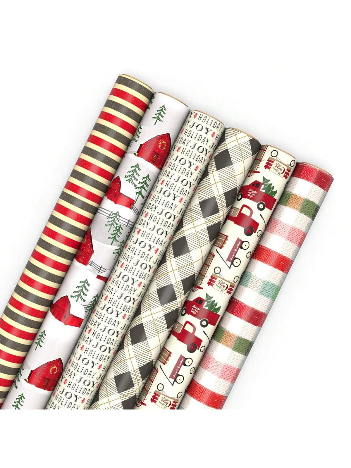 6pc Rustic Christmas Wrapping Paper Rolls 180 Sq Ft Red Black Gray Designs