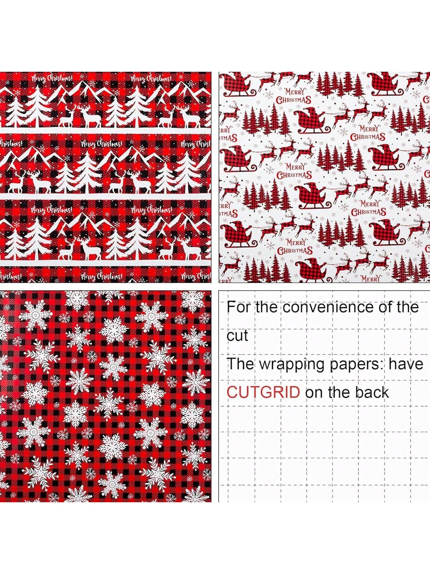 3 Rolls Christmas Wrapping Paper Red Check with Snowflakes and Reindeer 17x120in