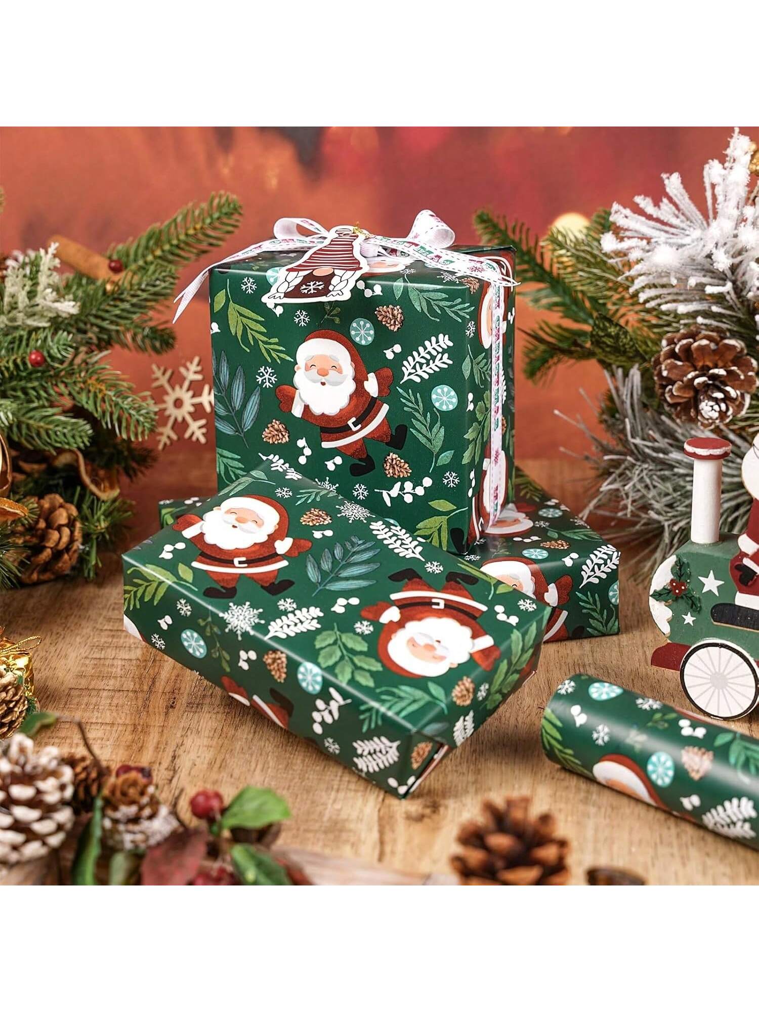 Christmas Green Wrapping Paper Roll Santa Pine Leaf 17x32.8ft