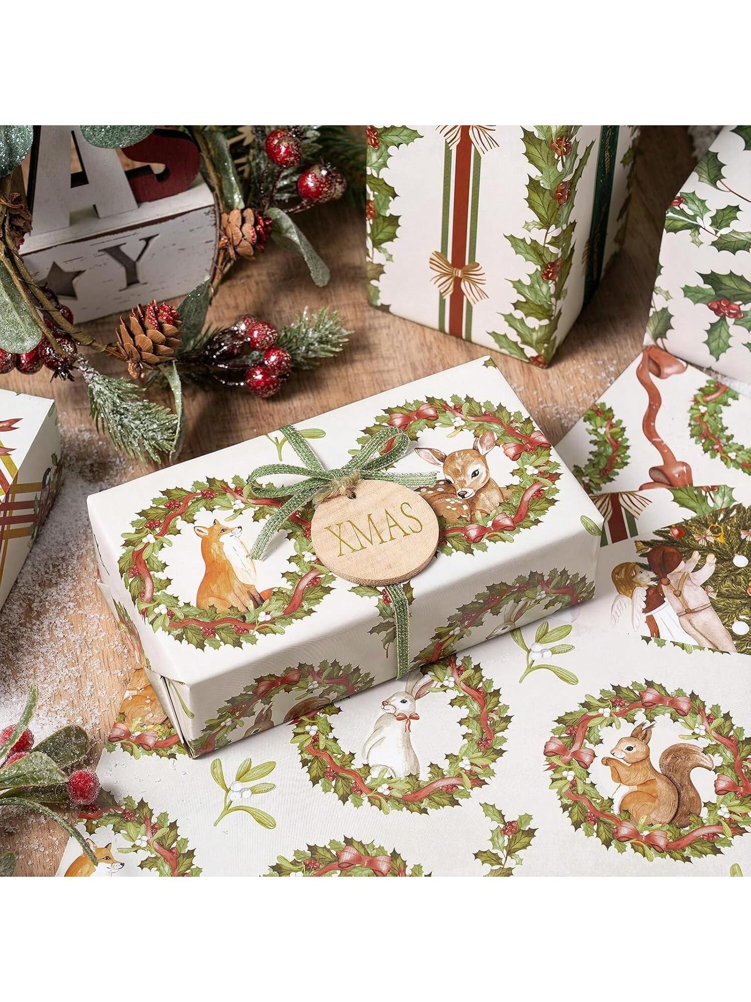 Vintage Christmas Wrapping Paper Sheets with Santa and Woodland Designs 6-Pack