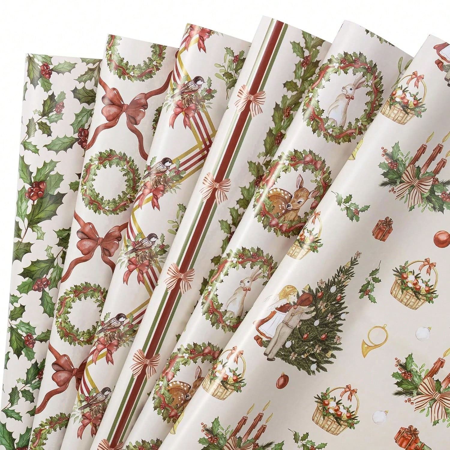 Vintage Christmas Wrapping Paper Sheets with Santa and Woodland Designs 6-Pack