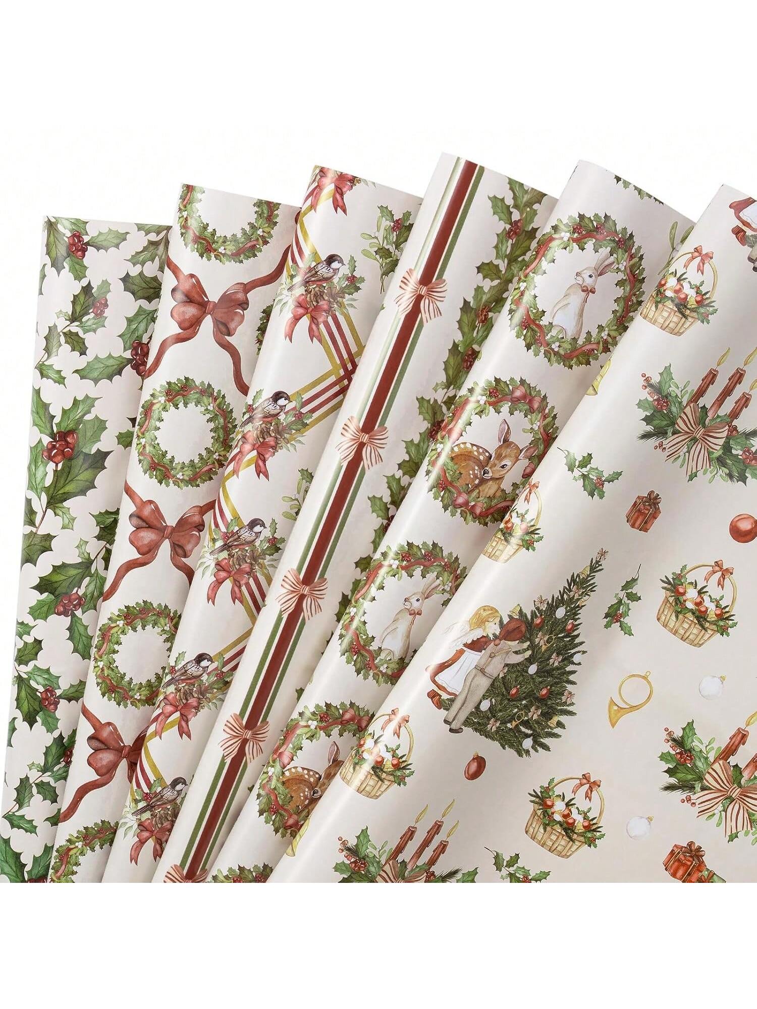 Vintage Christmas Wrapping Paper Sheets with Santa and Woodland Designs 6-Pack