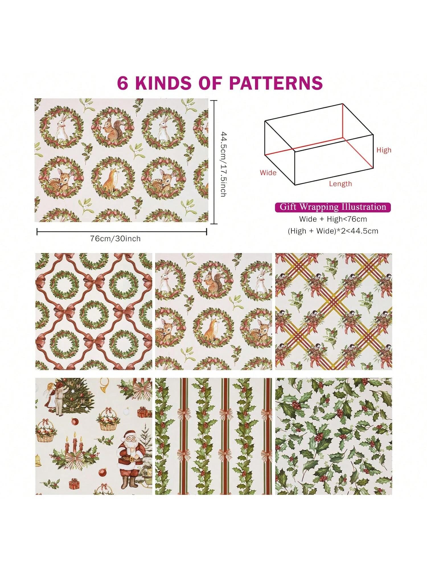 Vintage Christmas Wrapping Paper Sheets with Santa and Woodland Designs 6-Pack