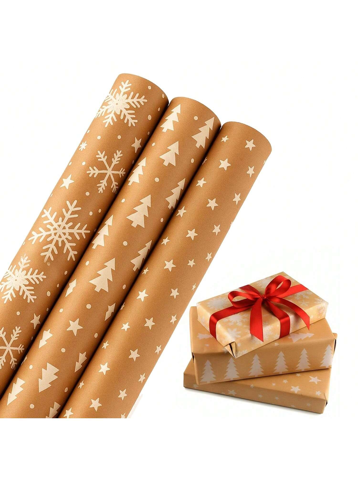 3-Pack Christmas Wrapping Paper Rolls 17x120in Brown Kraft Snowflakes & Stars