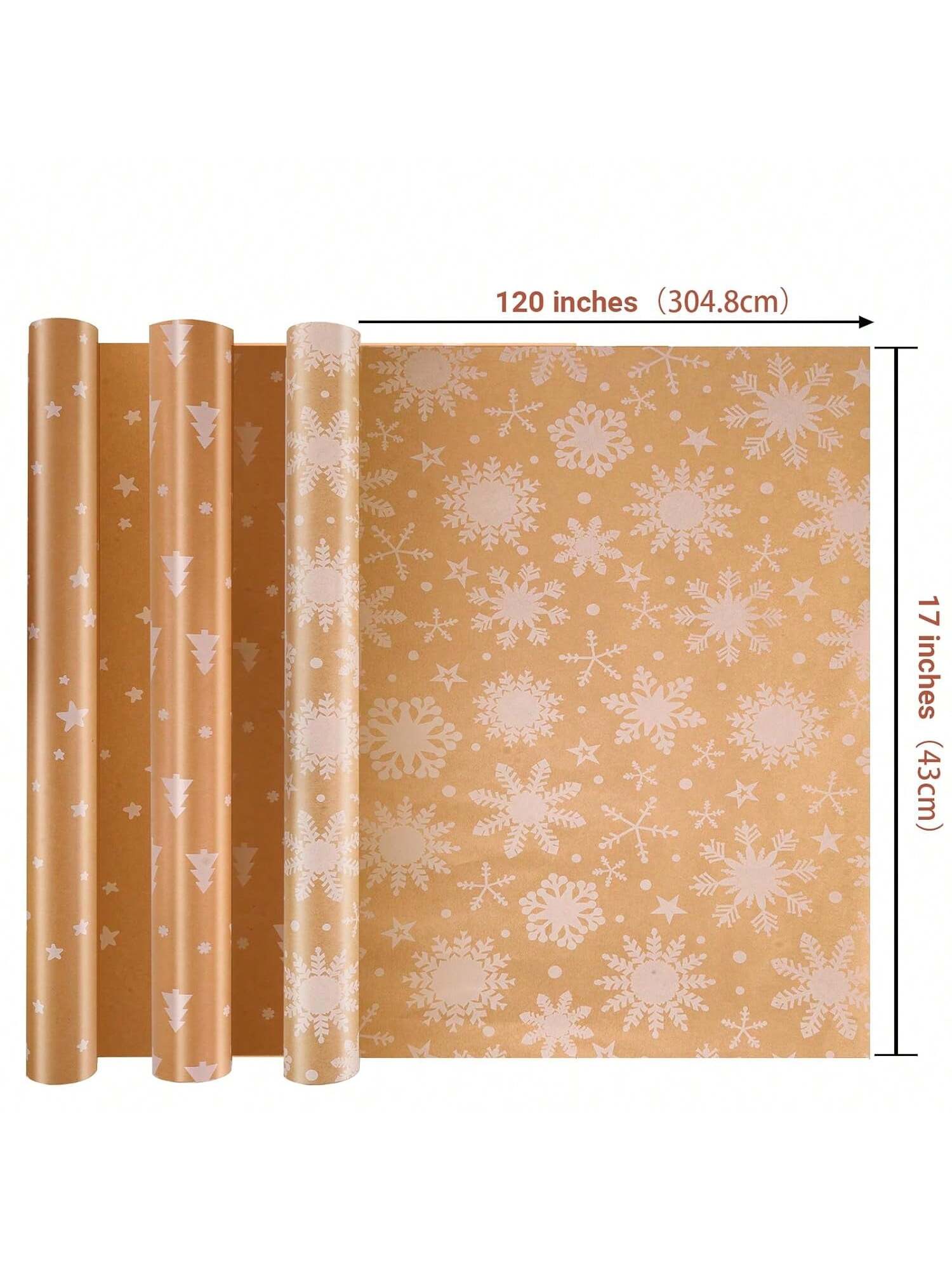 3-Pack Christmas Wrapping Paper Rolls 17x120in Brown Kraft Snowflakes & Stars