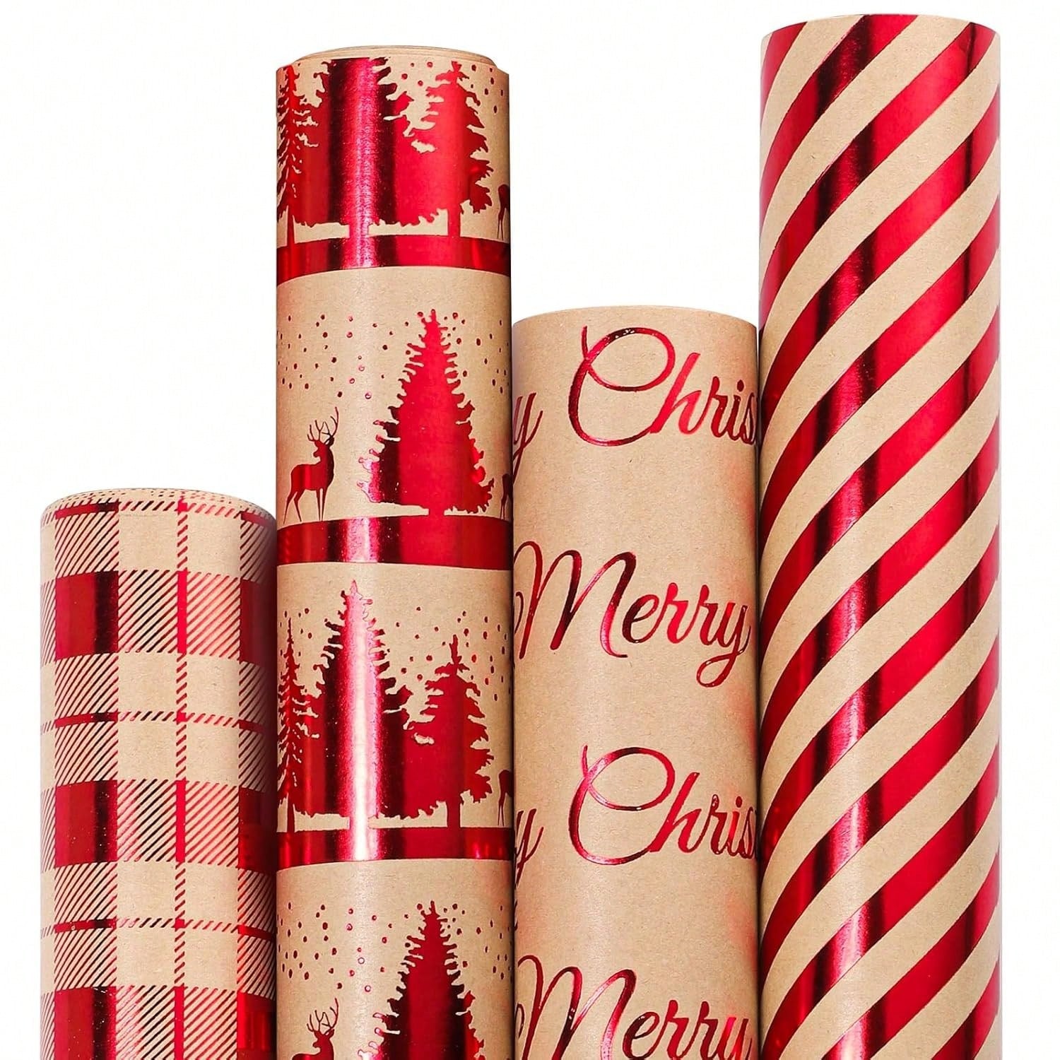 30 Inch Christmas Wrapping Paper Jumbo Rolls Brown With Red Vintage Pattern Set Of 4 Rolls Each 30 Inch X 10 Feet Holiday Gift Wrap,
