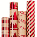 30 Inch Christmas Wrapping Paper Jumbo Rolls Brown With Red Vintage Pattern Set Of 4 Rolls Each 30 Inch X 10 Feet Holiday Gift Wrap,