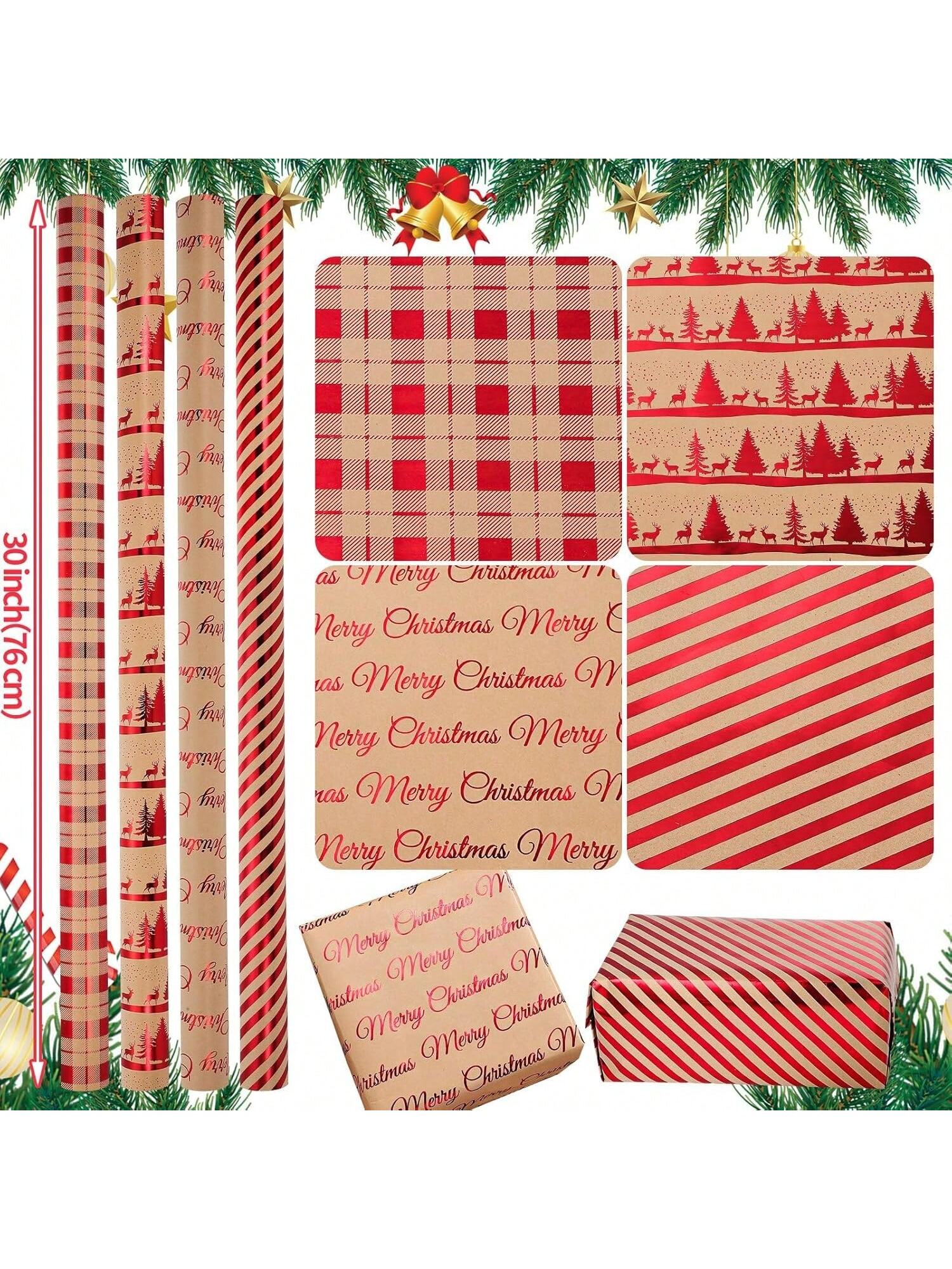 30 Inch Christmas Wrapping Paper Jumbo Rolls Brown With Red Vintage Pattern Set Of 4 Rolls Each 30 Inch X 10 Feet Holiday Gift Wrap,