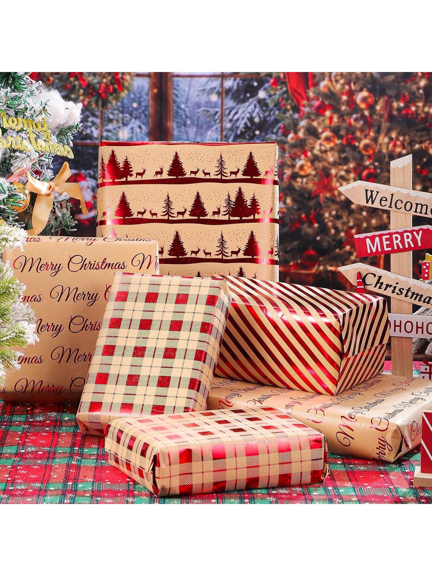 30 Inch Christmas Wrapping Paper Jumbo Rolls Brown With Red Vintage Pattern Set Of 4 Rolls Each 30 Inch X 10 Feet Holiday Gift Wrap,