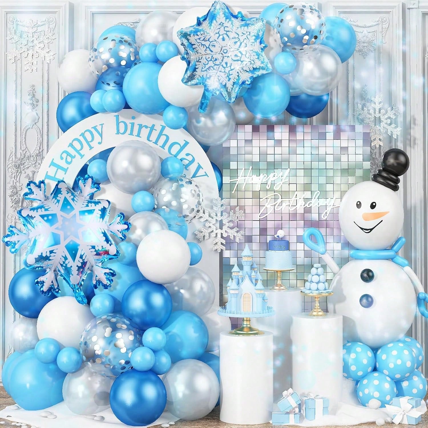 Winter Wonderland Balloon Arch Kit with Blue Silver White Balloons for Parties