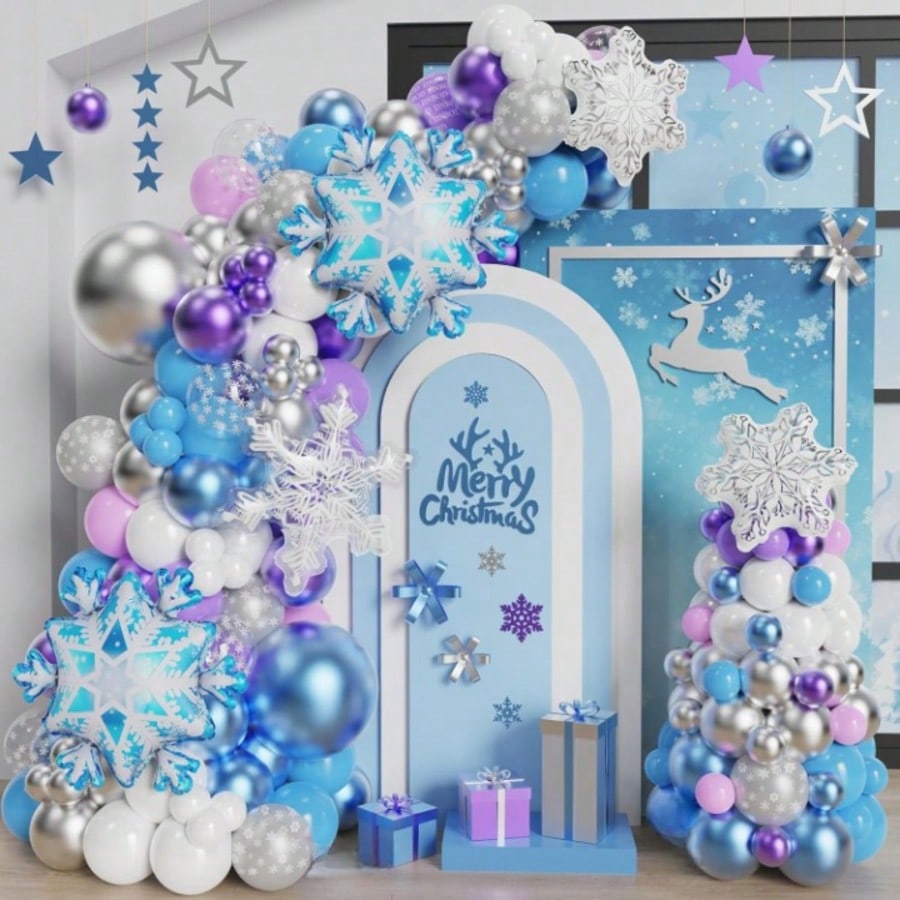Winter Wonderland Snowflake Balloon Arch Kit with Blue Purple Silver & Clear Balloons