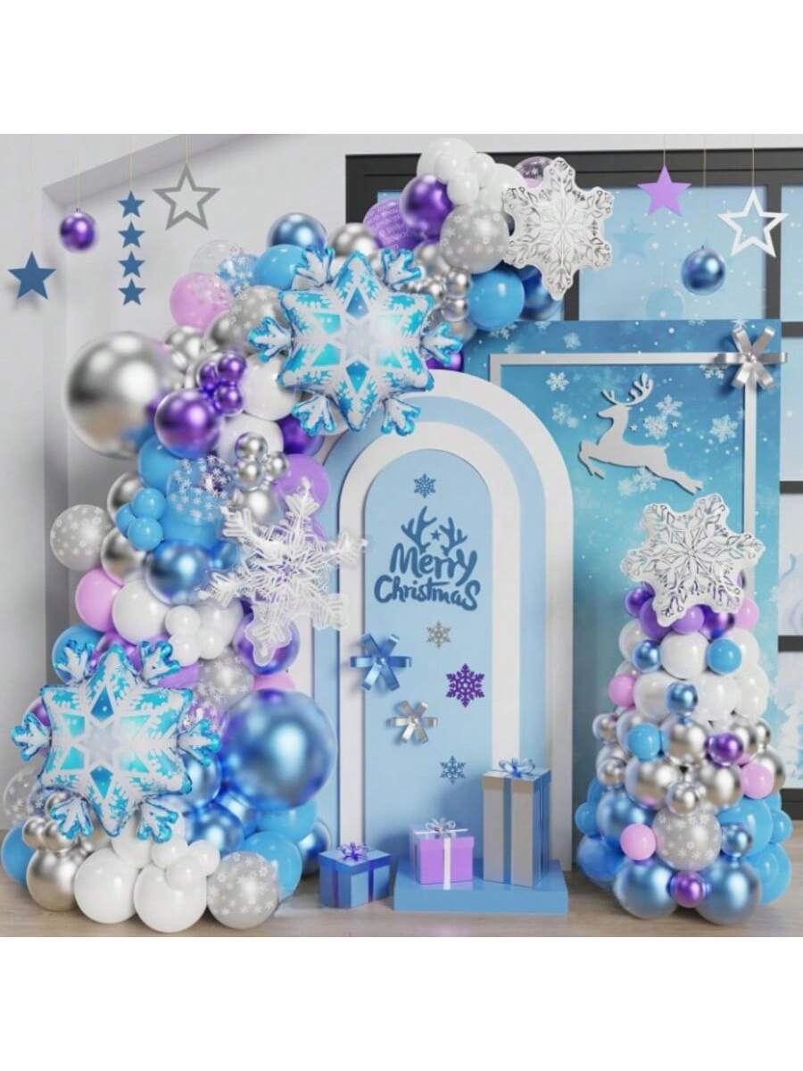 Winter Wonderland Snowflake Balloon Arch Kit with Blue Purple Silver & Clear Balloons