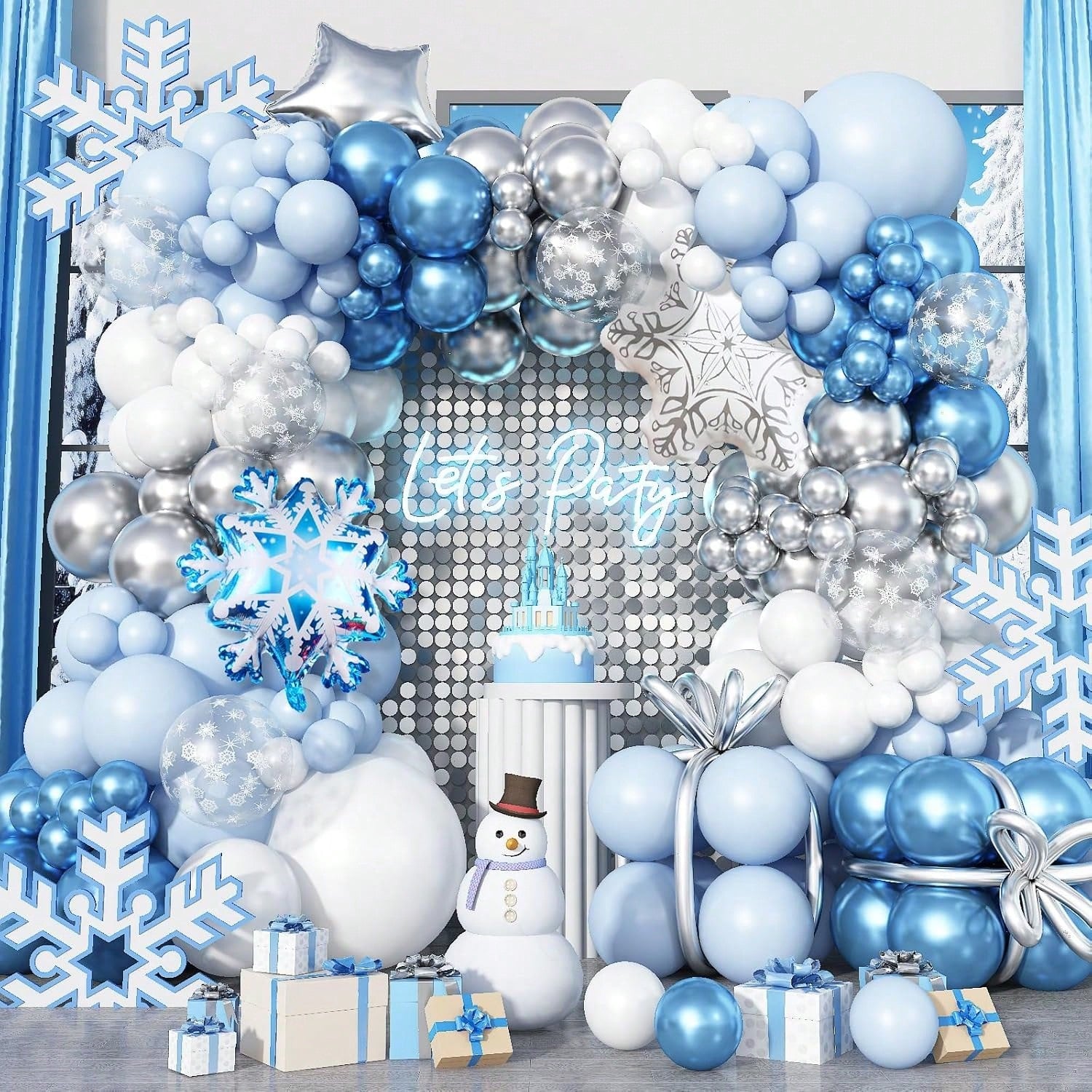 125PCS Winter Wonderland Balloon Arch Kit with Blue White Snowflake Foils