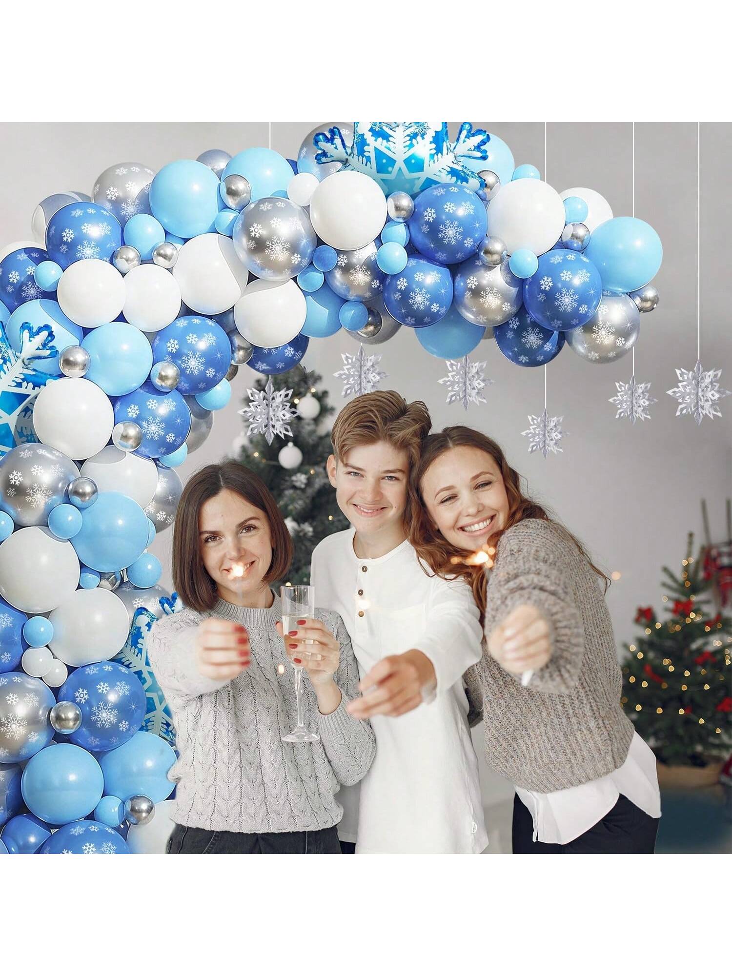 129pcs Winter Wonderland Balloon Arch Kit with White Blue Silver Snowflake Balloons