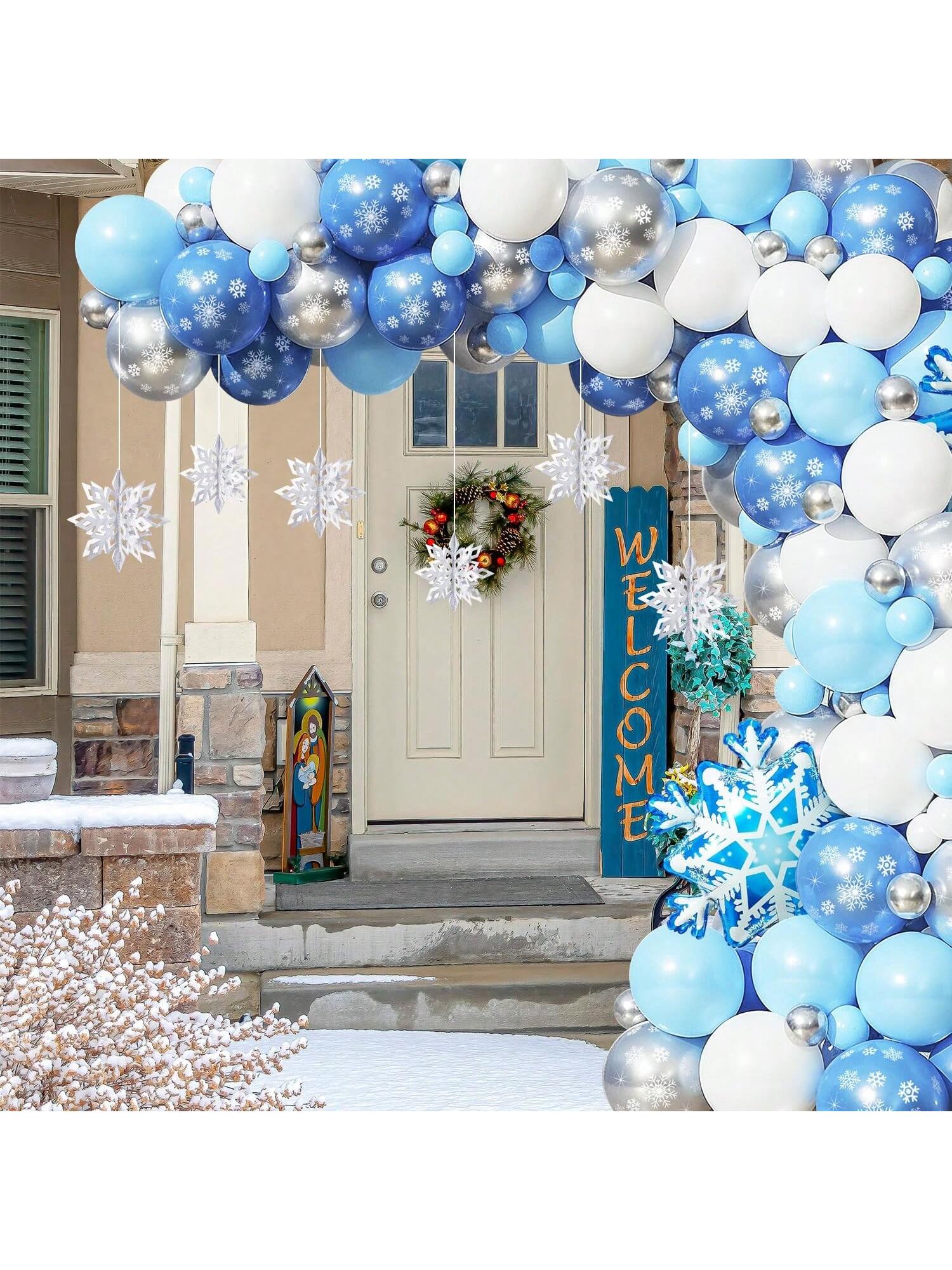 129pcs Winter Wonderland Balloon Arch Kit with White Blue Silver Snowflake Balloons