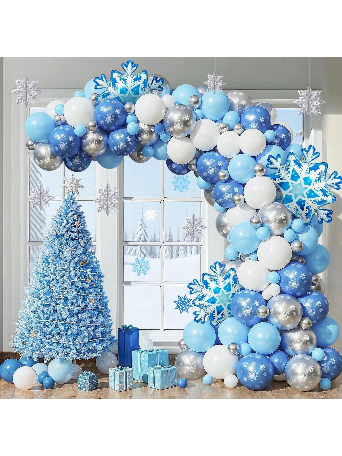 129pcs Winter Wonderland Balloon Arch Kit with White Blue Silver Snowflake Balloons
