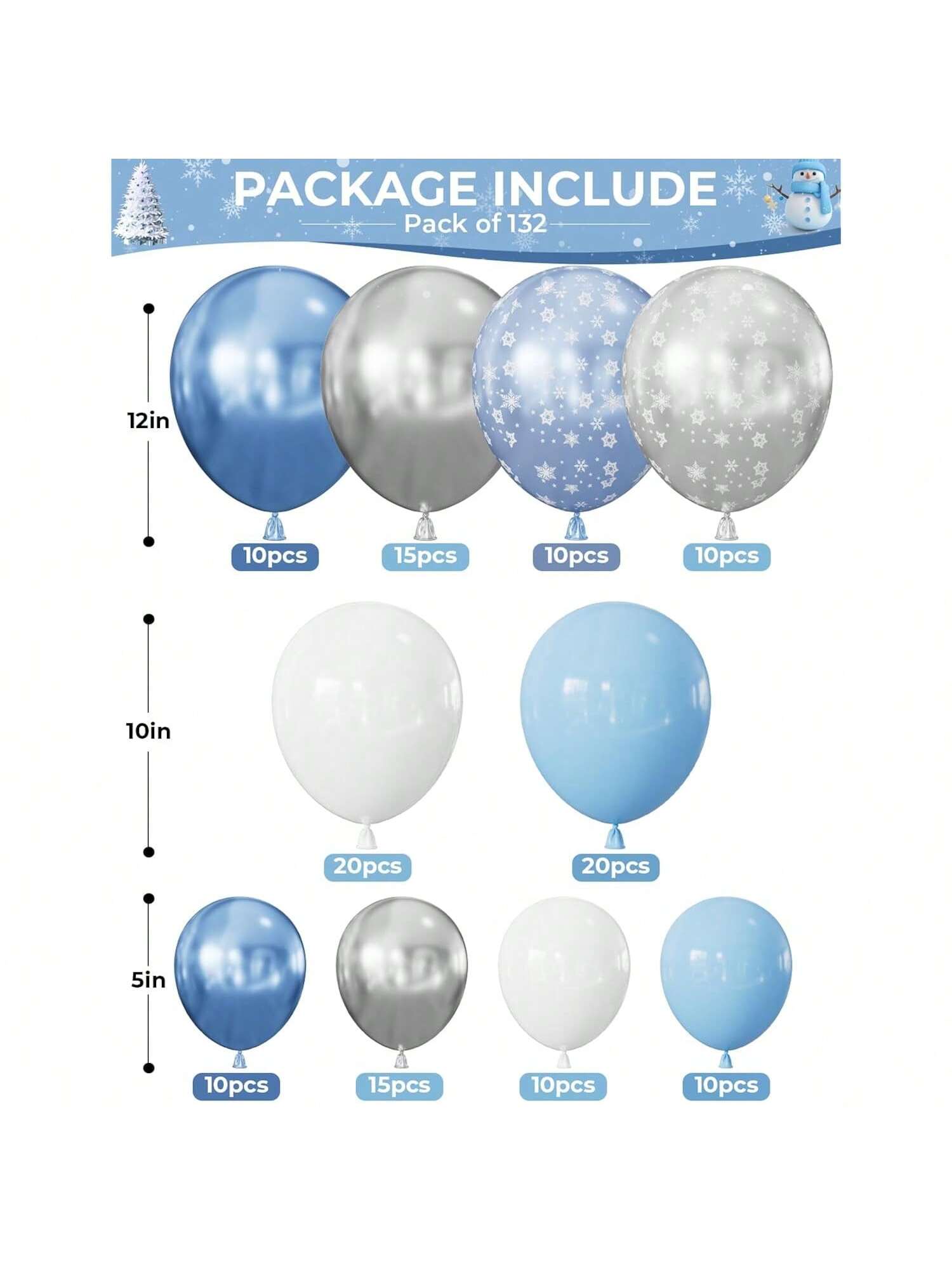 132pcs Snowflake Balloon Arch Kit with Blue Silver White Balloons for Winter Party