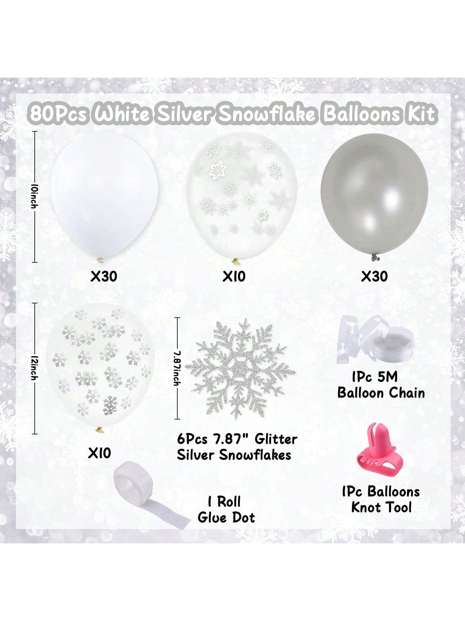 White Silver Snowflake Balloon Garland Kit with Confetti for Winter Party Decor