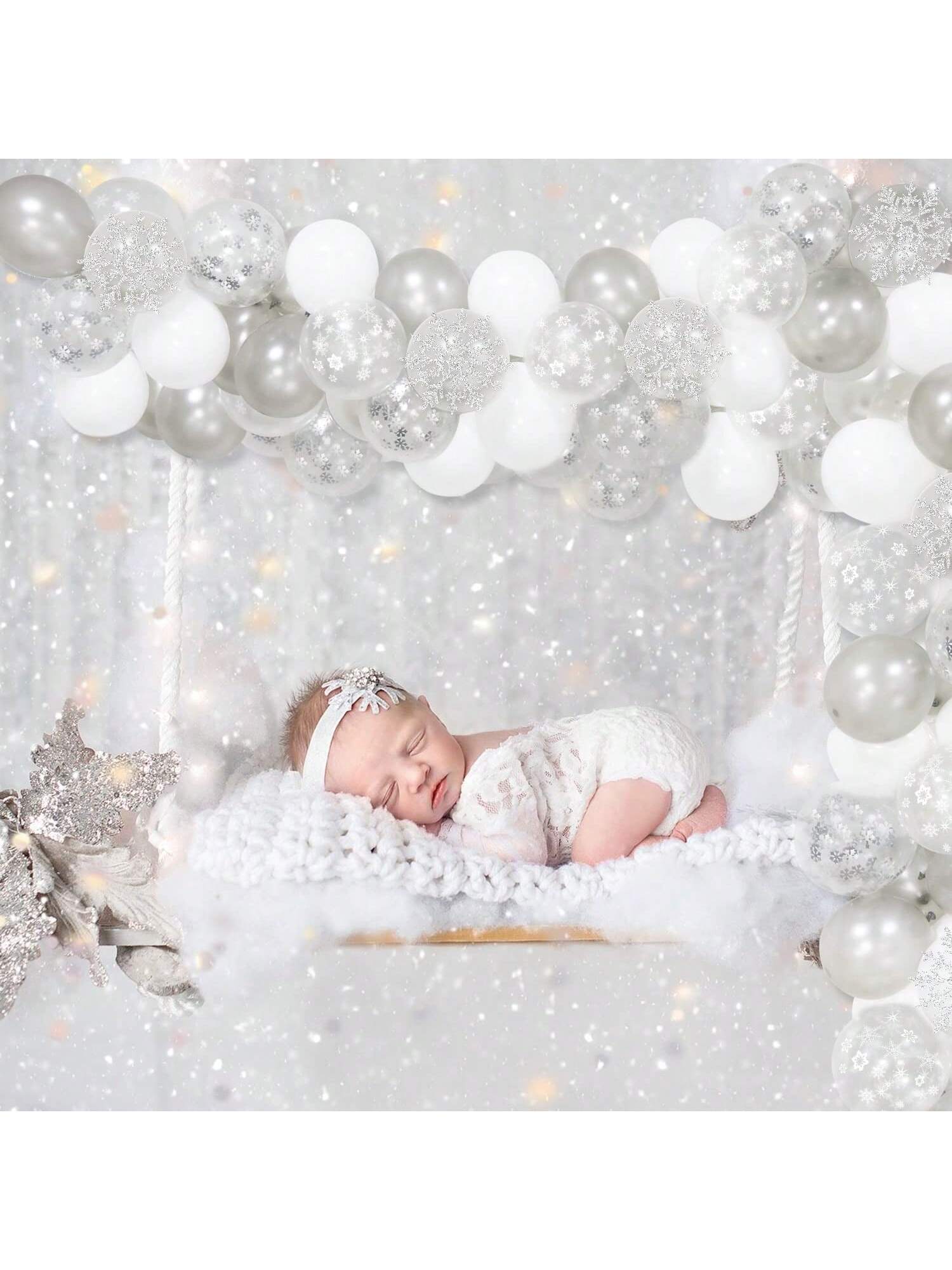 White Silver Snowflake Balloon Garland Kit with Confetti for Winter Party Decor