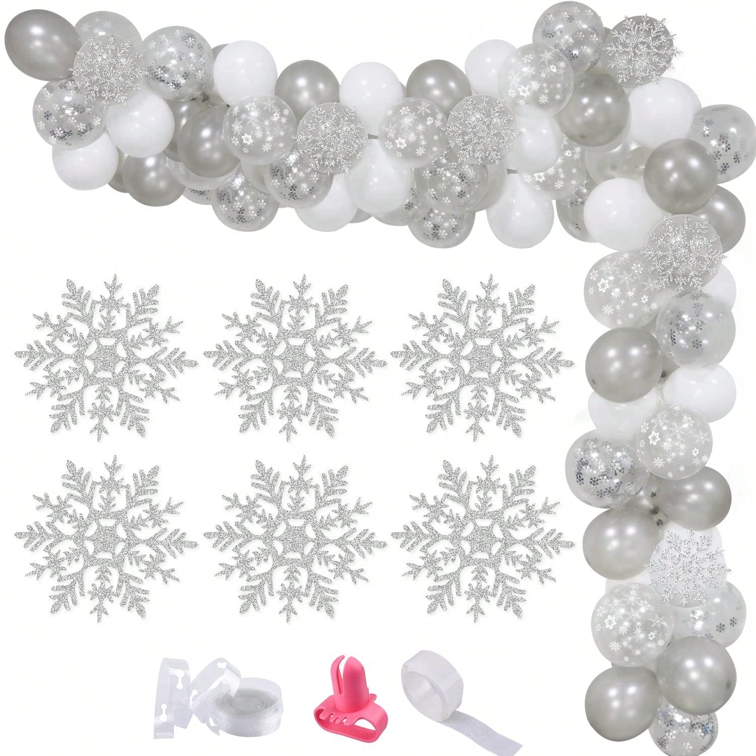 White Silver Snowflake Balloon Garland Kit with Confetti for Winter Party Decor