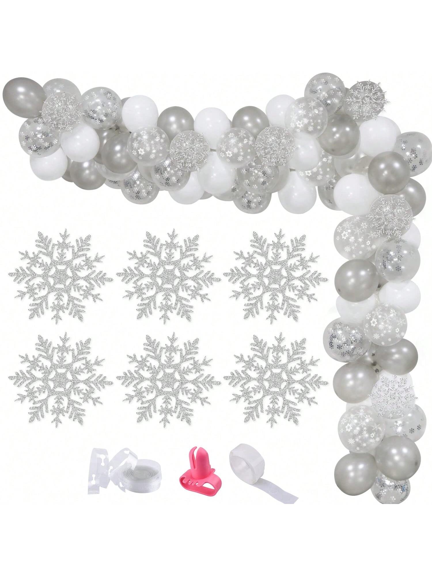 White Silver Snowflake Balloon Garland Kit with Confetti for Winter Party Decor
