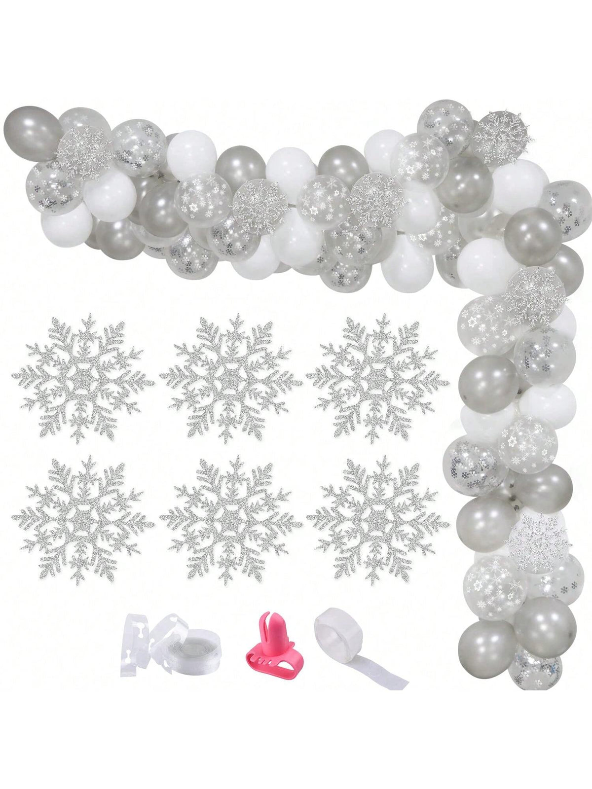 White Silver Snowflake Balloon Garland Kit with Confetti for Winter Party Decor