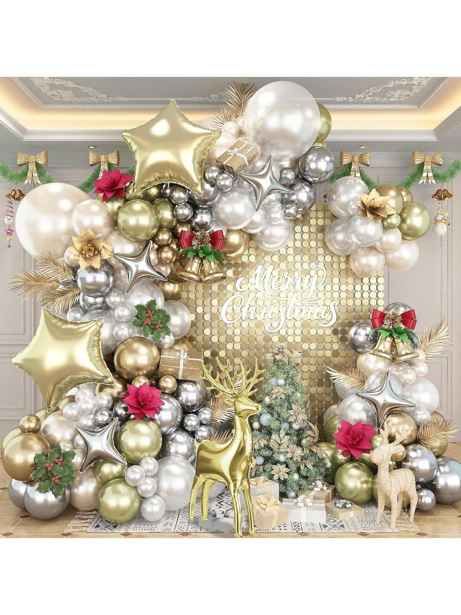 White Gold Christmas Balloon Arch Kit 117PCS Pearl Balloons Star & Reindeer