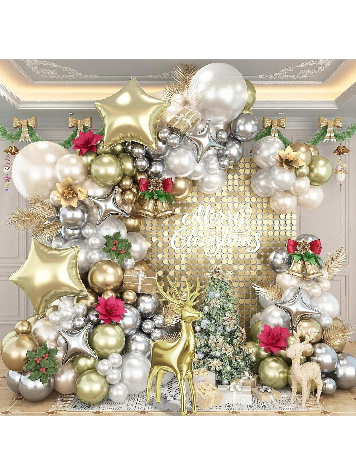 White Gold Christmas Balloon Arch Kit 117PCS Pearl Balloons Star & Reindeer