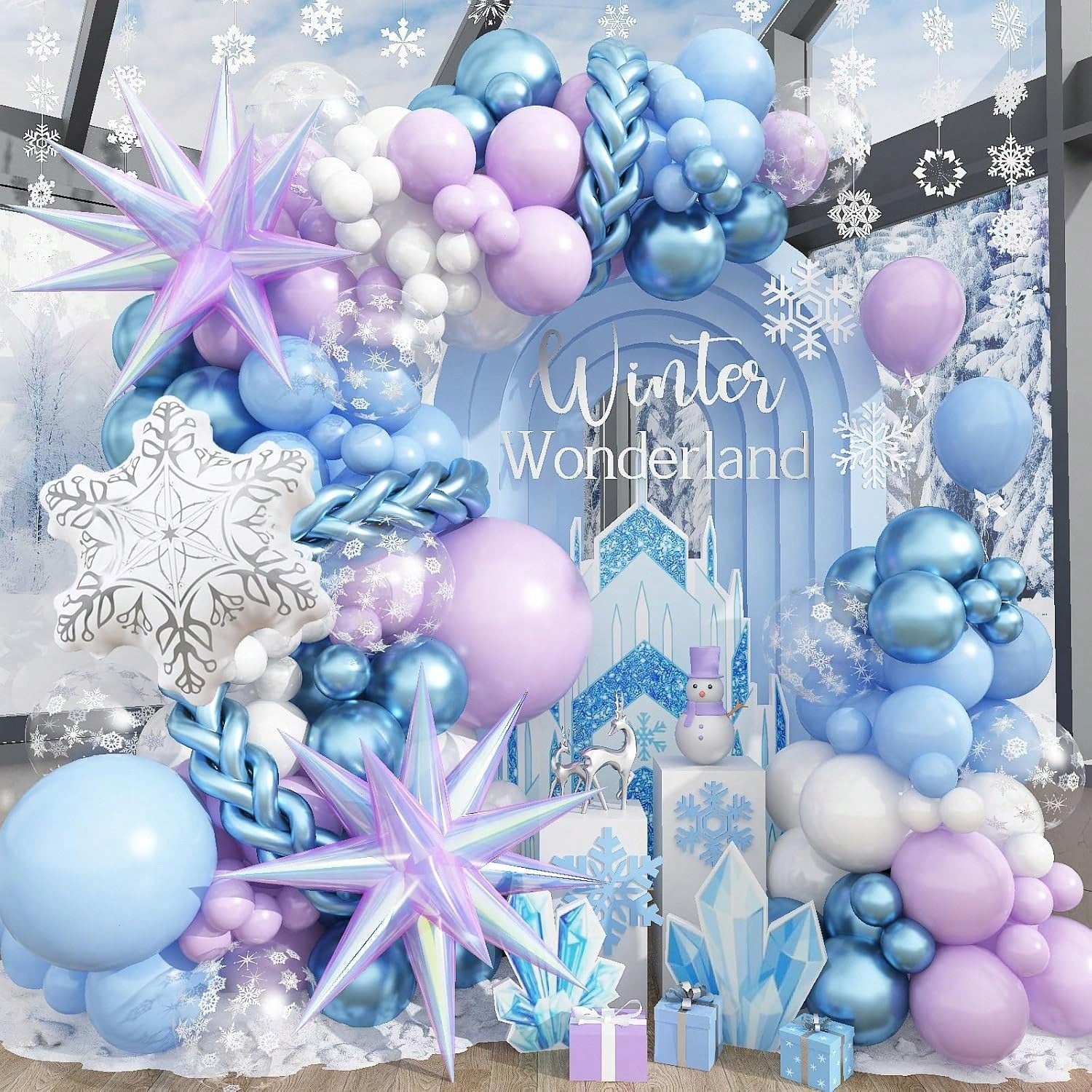 Winter Balloon Arch Garland Kit 113PCS Pastel Blue Purple White Balloons with Snowflake Foil
