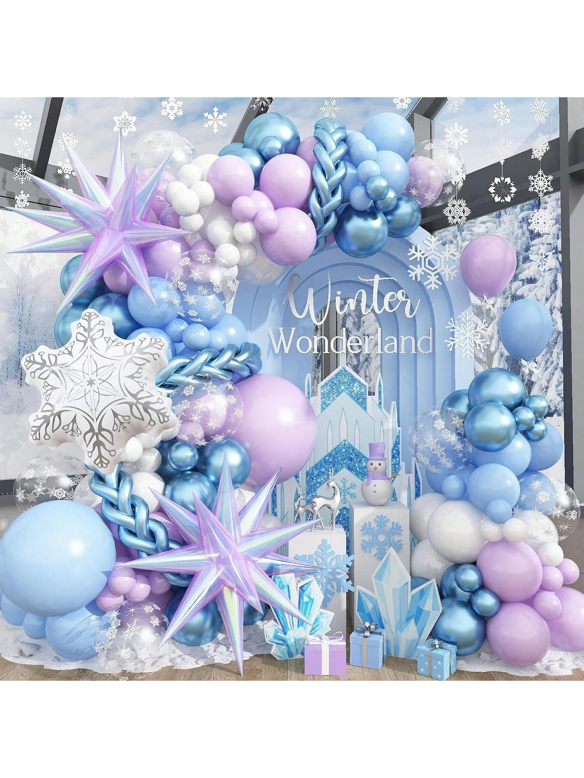 Winter Balloon Arch Garland Kit 113PCS Pastel Blue Purple White Balloons with Snowflake Foil