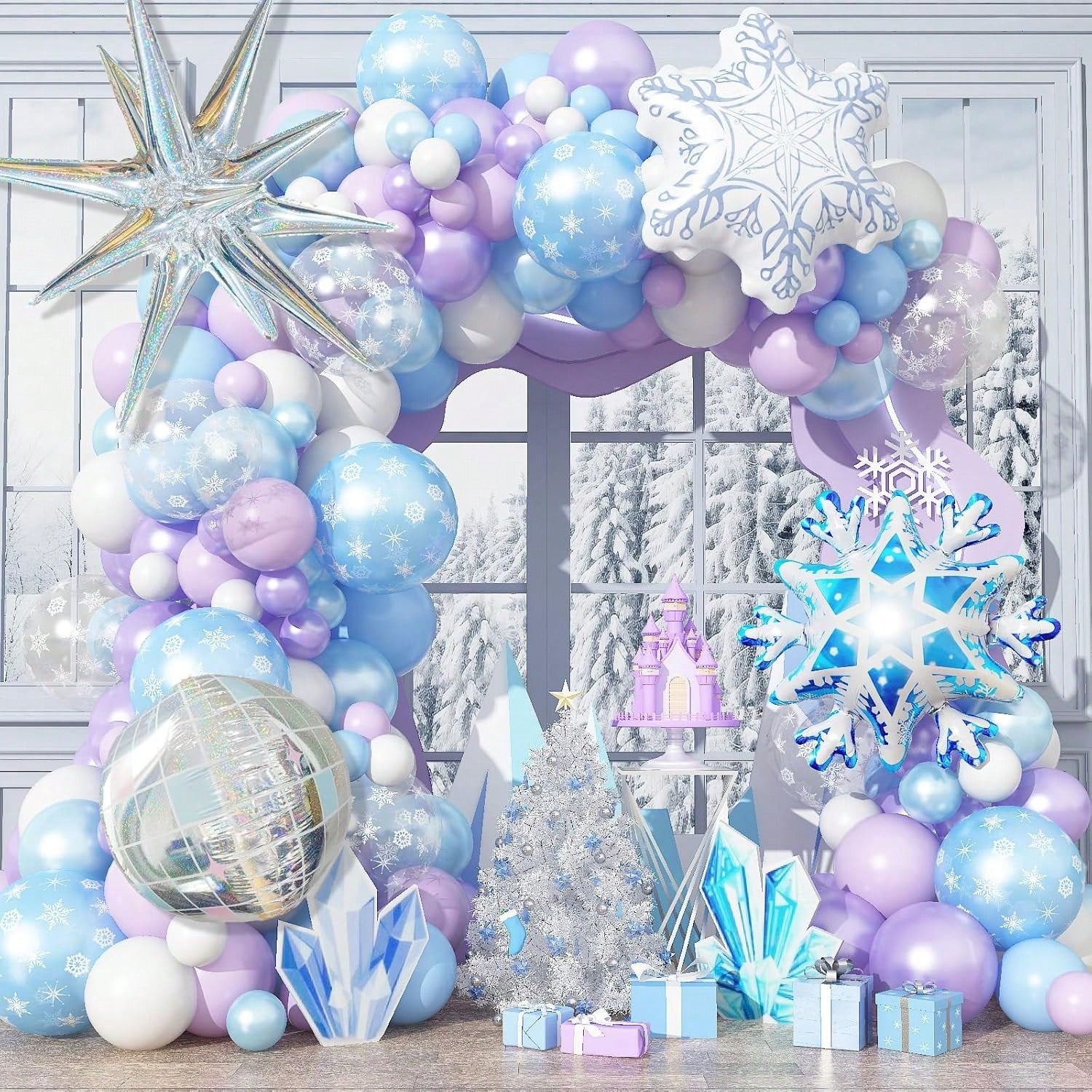 Winter Snowflake Balloon Garland Kit with Iridescent Blue Purple Balloons for Parties