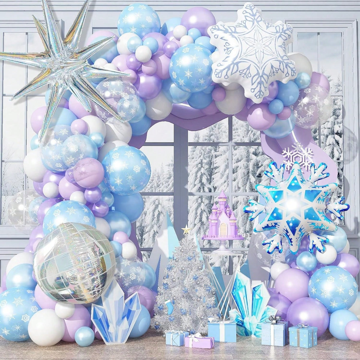 Winter Snowflake Balloon Garland Kit with Iridescent Blue Purple Balloons for Parties