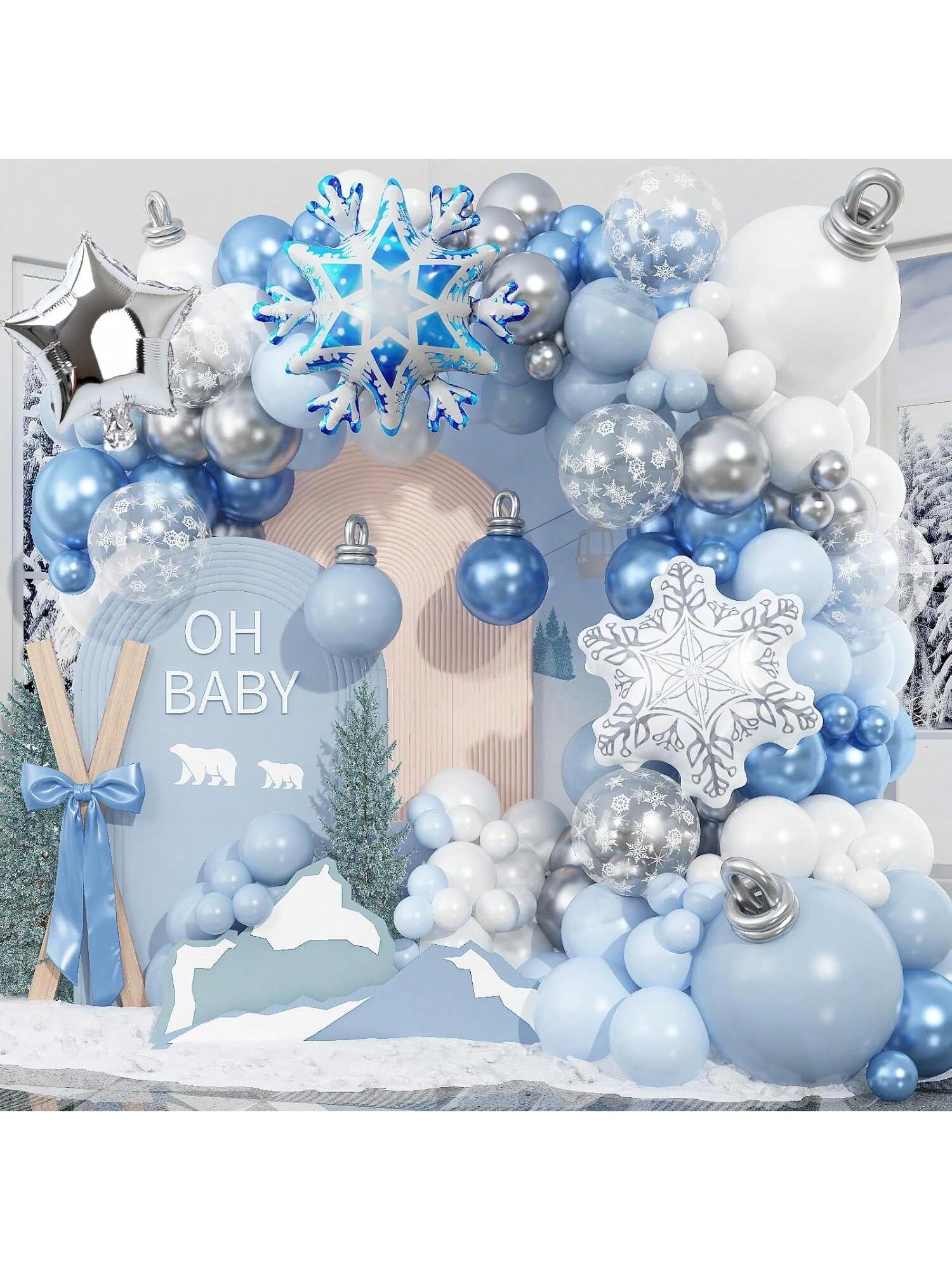 Winter Wonderland Balloon Garland 133 pcs Blue White Silver Snowflake Stars
