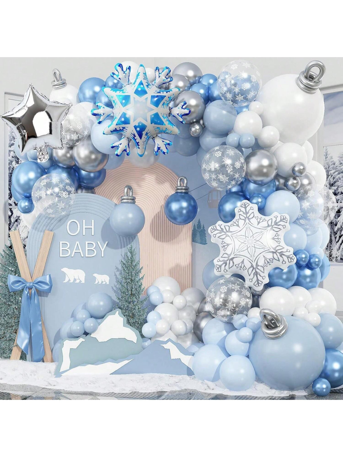Winter Wonderland Balloon Garland 133 pcs Blue White Silver Snowflake Stars
