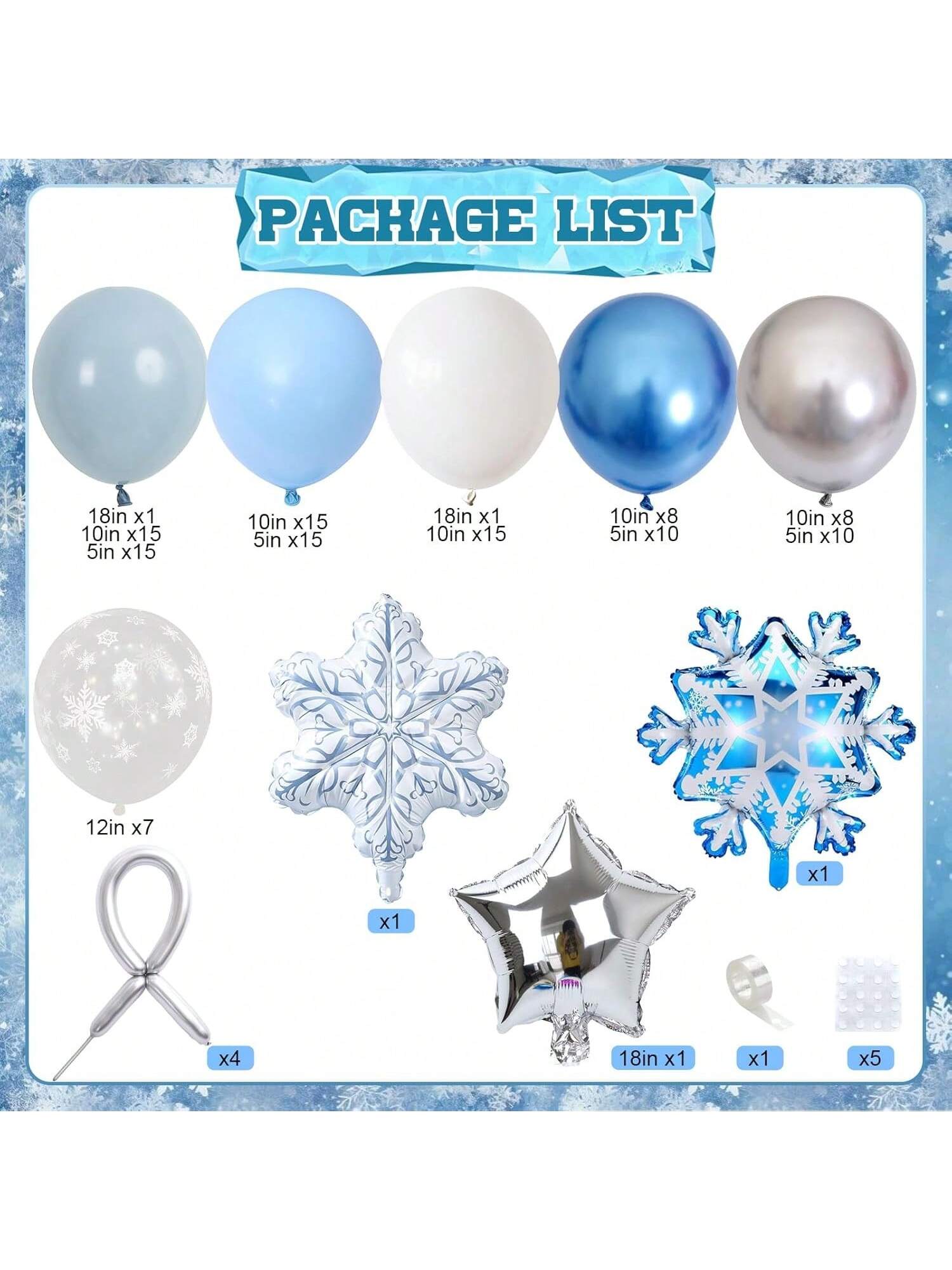 Winter Wonderland Balloon Garland 133 pcs Blue White Silver Snowflake Stars