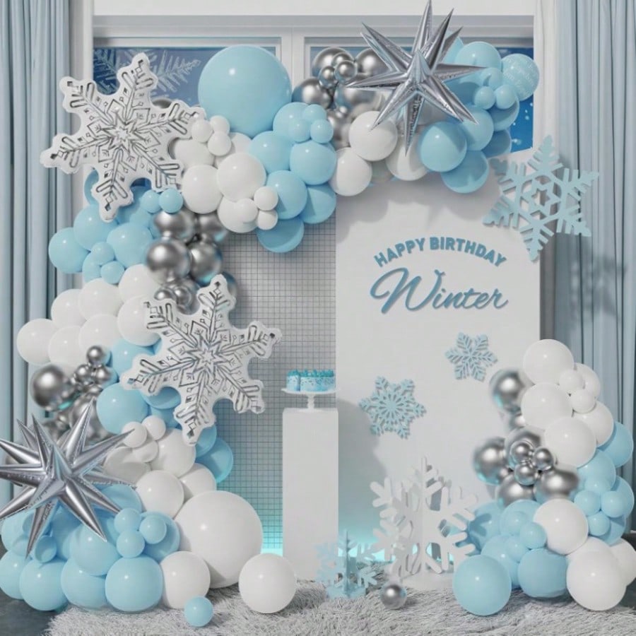 141PCS Blue White Snowflake Balloon Garland for Winter and Party Decor