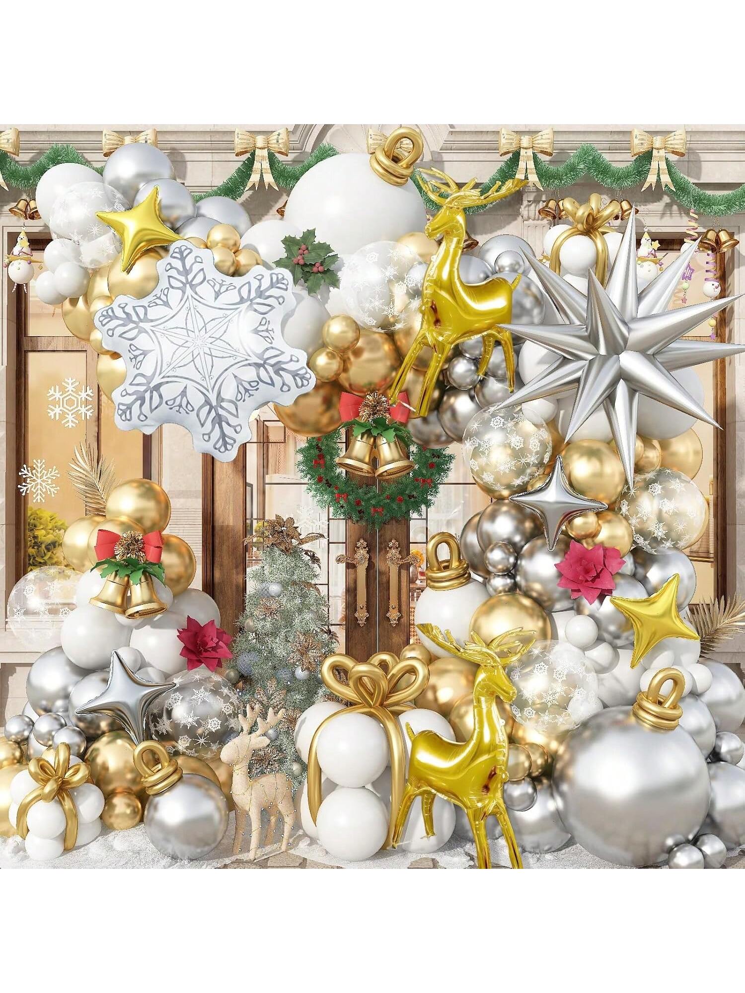 124PCS Snowflake Balloon Garland Kit with Silver White Gold Star and Reindeer Balloons