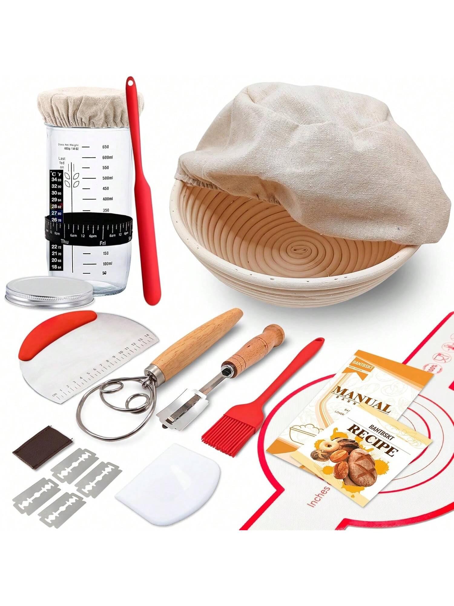 Sourdough Starter Kit Banneton Basket with Glass Jar 9in Baking Supplies