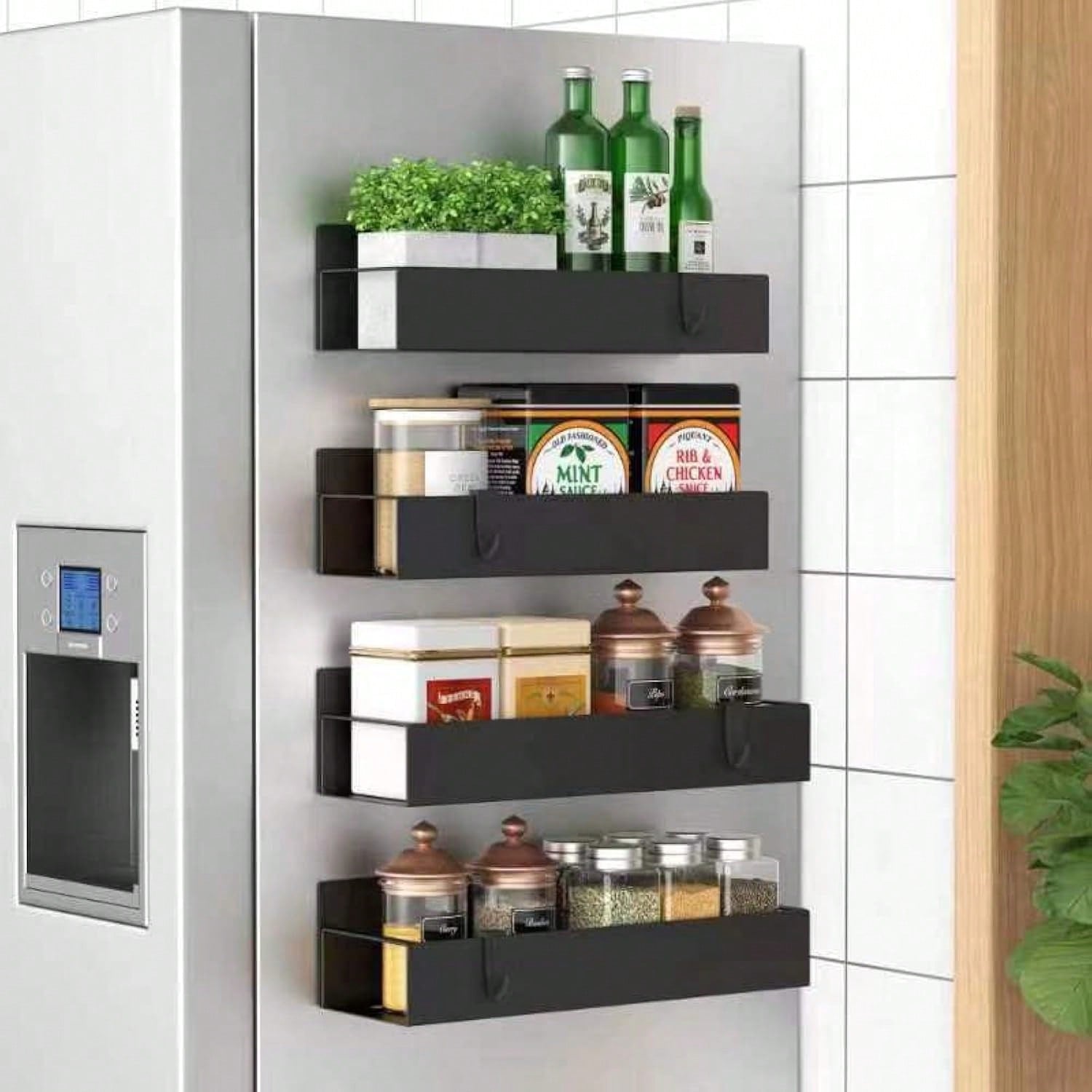4pcs Magnetic Metal Spice Rack Organizer for Fridge and Oven Black