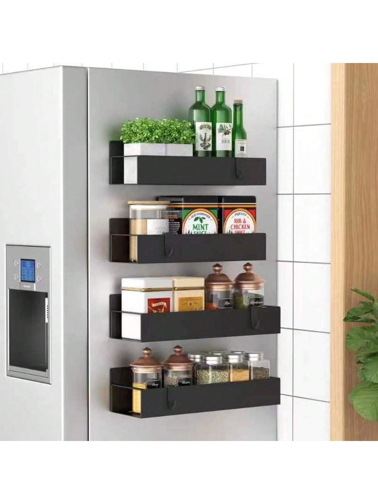 4pcs Magnetic Metal Spice Rack Organizer for Fridge and Oven Black