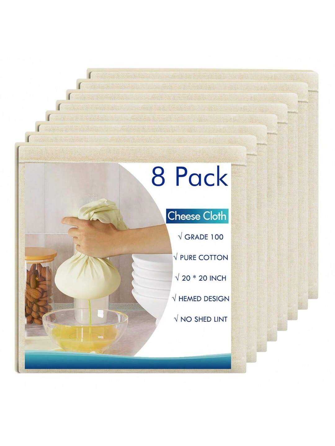 8pcs Reusable Cheesecloth 20x20in Cotton Strainers for Cooking, Baking & Cheese Making