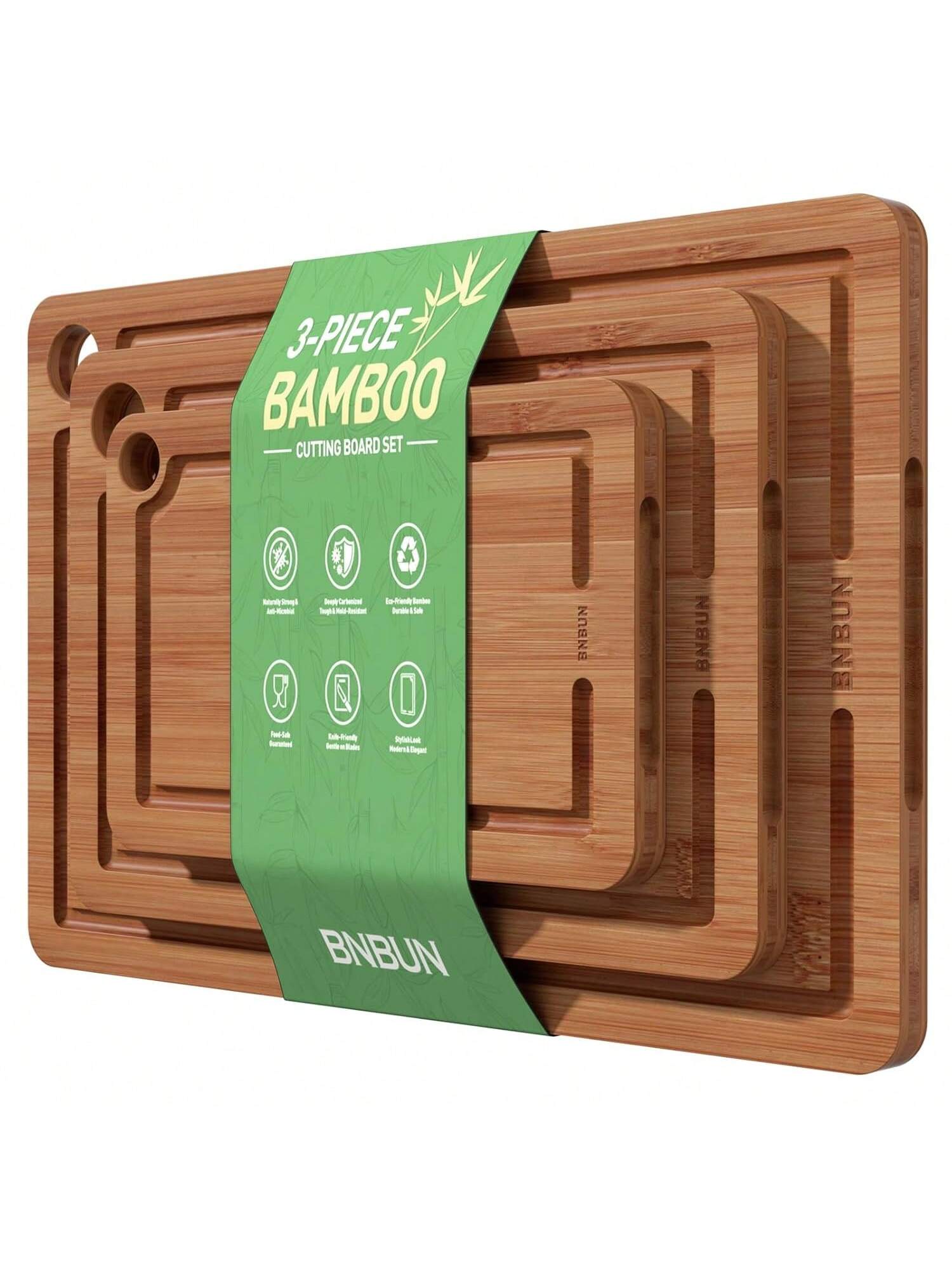 3pc Bamboo Cutting Board Set with Non-Slip Mat Deep Juice Groove Handles