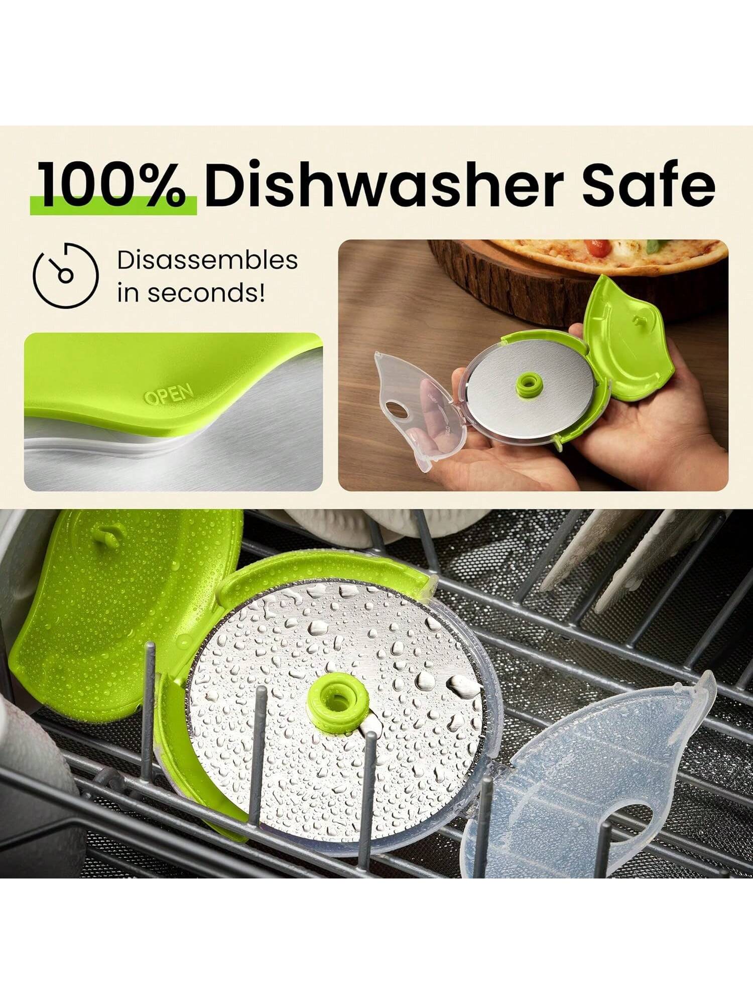 Ergonomic Pizza Cutter with Protective Blade Cover and Green Handle