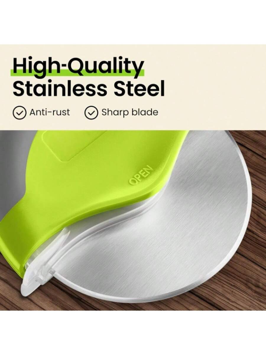 Ergonomic Pizza Cutter with Protective Blade Cover and Green Handle