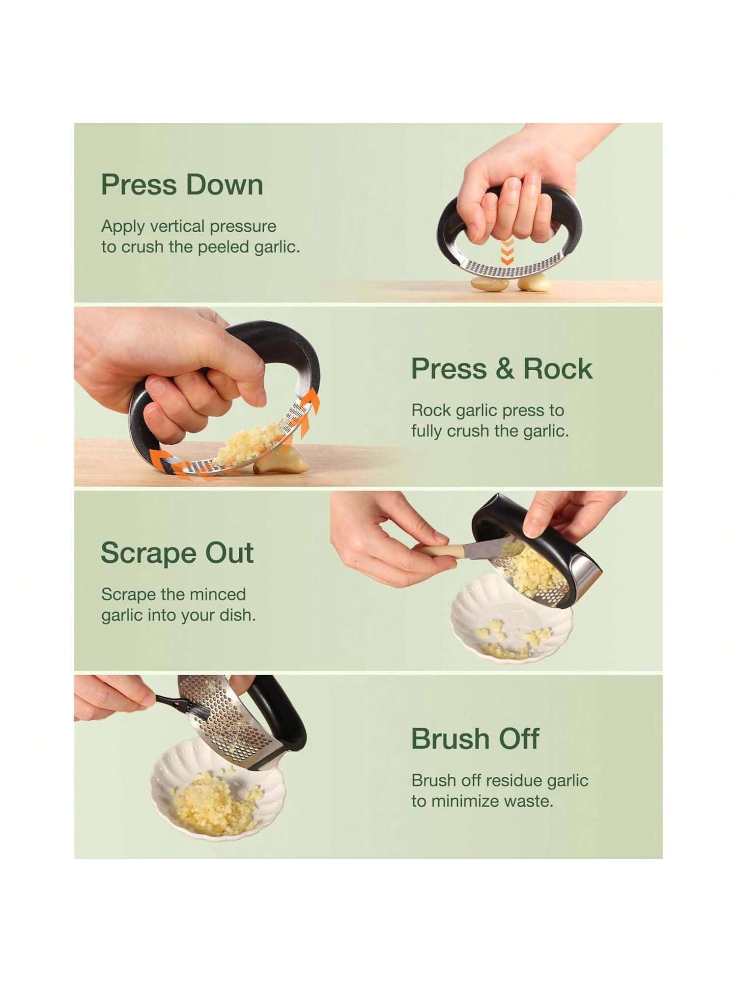 Stainless Steel Garlic Press Rocker with Peeler & Scraper Easy Use