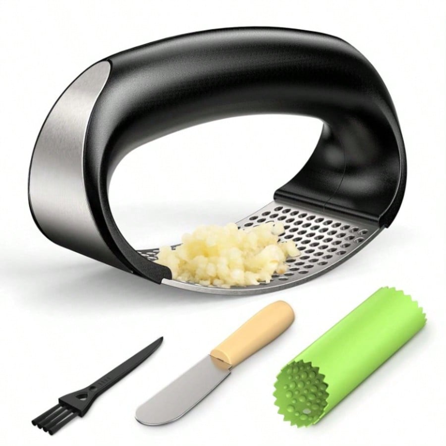 Stainless Steel Garlic Press Rocker with Peeler & Scraper Easy Use