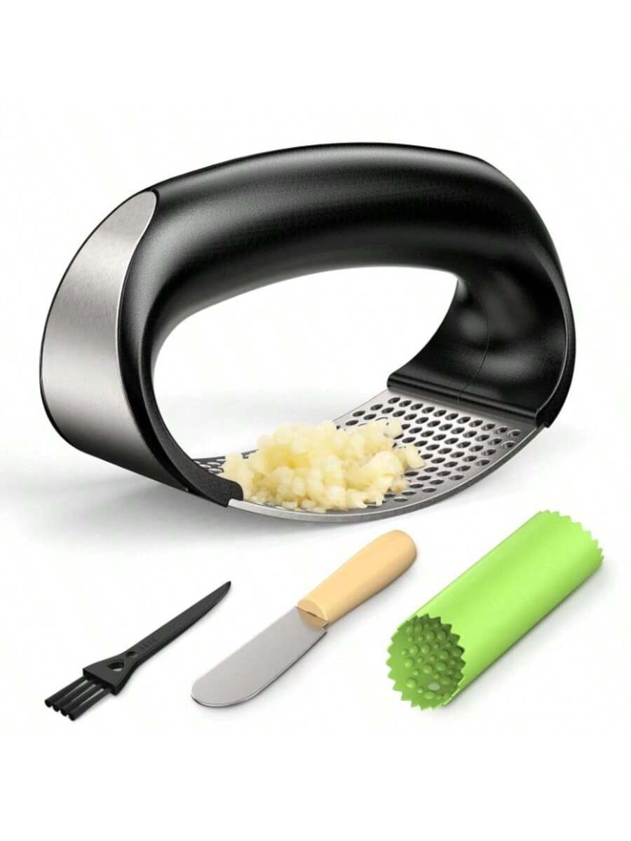 Stainless Steel Garlic Press Rocker with Peeler & Scraper Easy Use